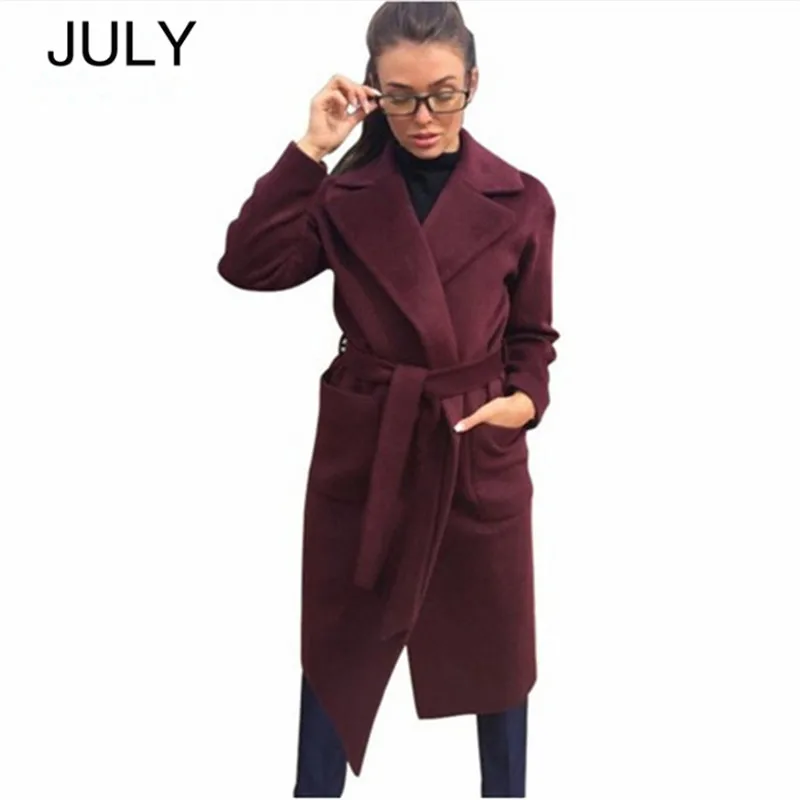JULY элегантные длинные женские пальто с отворотом 2 кармана поясом однотонные куртки пальто женская верхняя одежда - Цвет: Wine Red