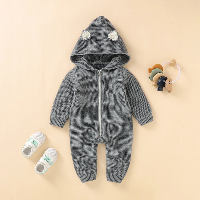 

Baby Romper Solid Knitted Newborn Boy Girl Onesies Fashion Hooded Zipper Infant Kid Clothes Long Sleeve Autumn Playsuit Cute Ear