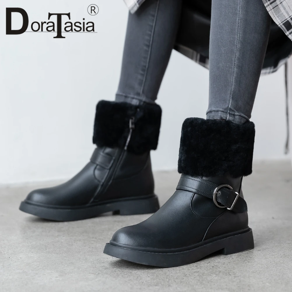 

DORATASIA Brand New Split Leather Snow Boots Ladies Chunky Heels Shoes Woman Fashion Belt Buckle Casual Ol Ankle Boots Women