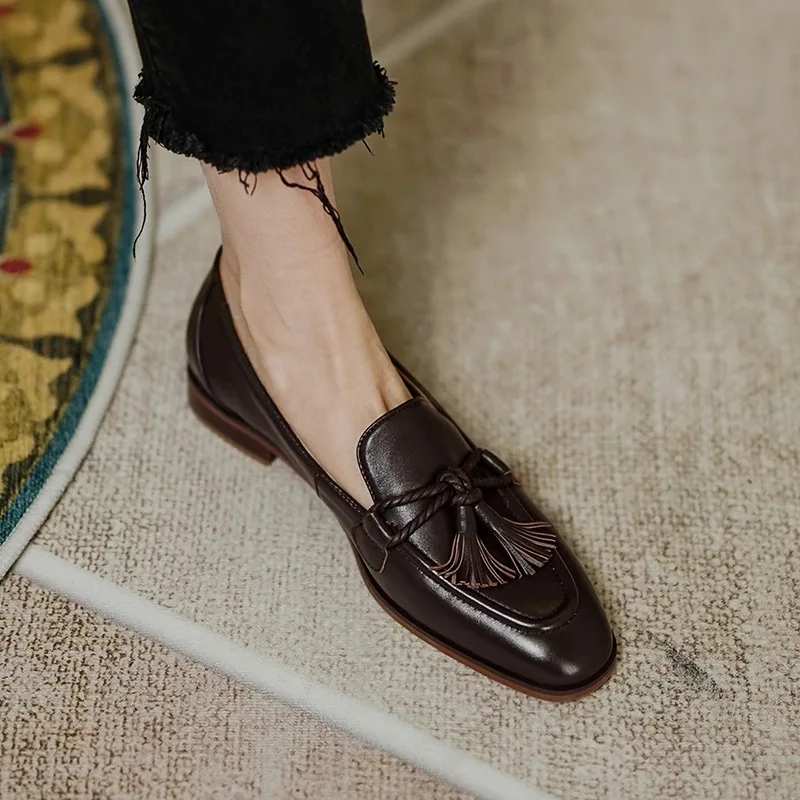 Retro Tassel bow-knot small leather shoes women loafers square toe low heels oxfords woman ins genuine leather fringe flats