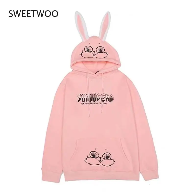 2021 Autumn Winter Couple Matching Hoodie Plush Rabbit Long Ear Hooded Sweatshirt Women Kawaii Thicken Pocket Outwear Plus 3Xl