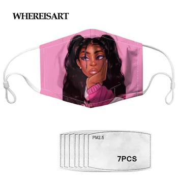 

WHEREISART Reusable Mouth Mask with 7pcs Filter Afro Girl Printed Face Mask Women Dust Proof Mouth-muffle