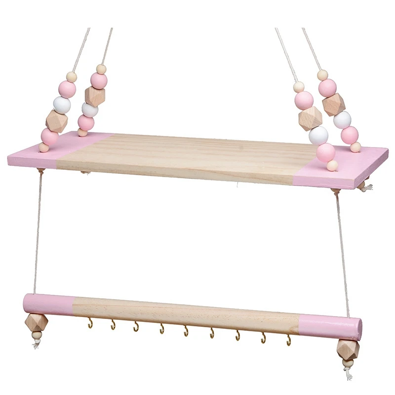 

Nordic Children Room Decorative Storage Rack Double Wooden Bead Tassels Shelves Wall Rope Hanging Shelf Home Hook Kids Coat Rack