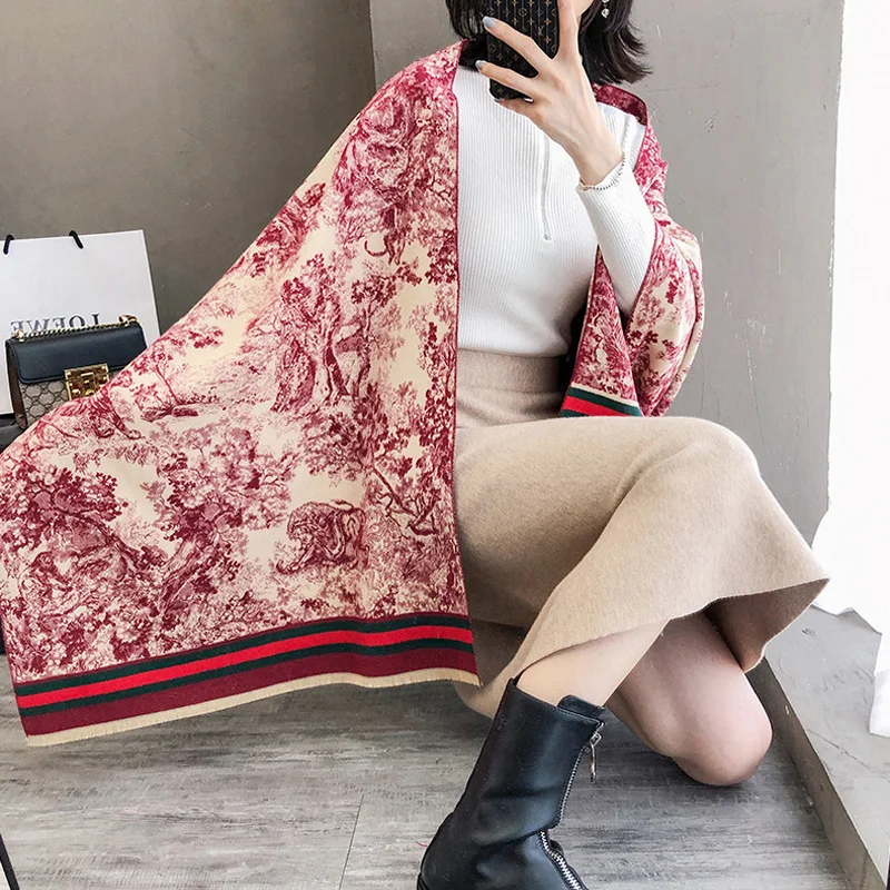 Luxury Winter Women Blue and white porcelain Brushed Cashmere Scarf Ladies Brand Warm ShawlLarge Pashmina Travel Blanket Wraps