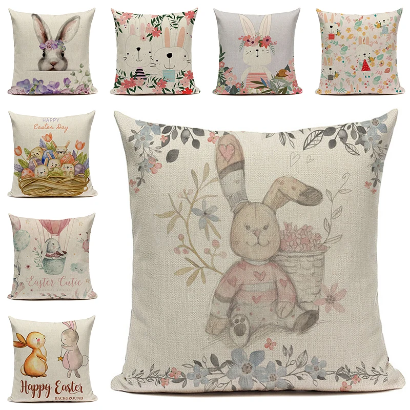 

Happy Easter Rabbit Cushion Cover Linen Pillow Cover For Living Room Decorative Pillows 45*45 Wedding Party Decor Funda Cojin