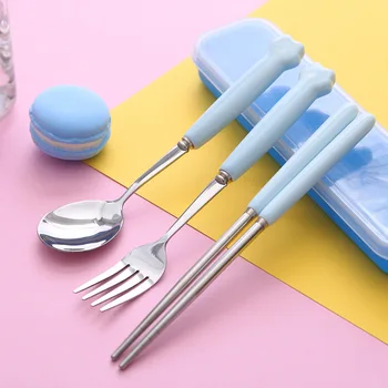 

Portable ceramic handle Cutlery,Children Dinnerware Set stereo cartoon stainless steel fork portable baby boxed tableware