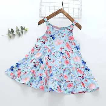 

Summer 2020 Girls Dress Girls Summer Cute Dress Strap Print Floral Pink Blue Cute A-line Cute Dress Vestidos 18M-6T