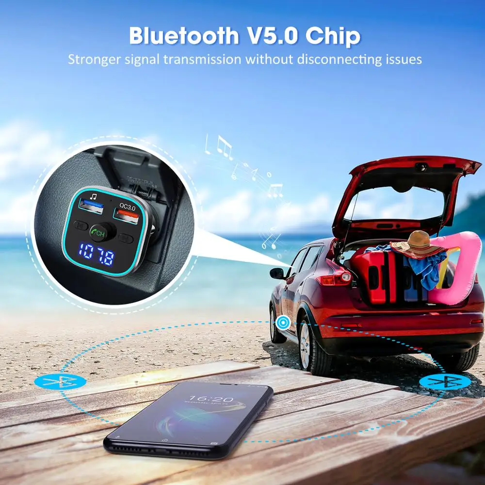 VicTsing H37 Bluetooth fm-передатчик QC3.0 Быстрая зарядка Hi-Fi беспроводной радиоадаптер с RGB светильник Hands-free& U диск/TF карта