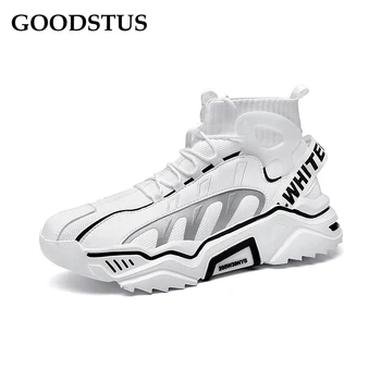 

GOODSTUS Men Snmeaker High Top Mesh Breathable Thick Bottom Comfortable Height Increase Solid Lace-Up Male Street Walking Shoe