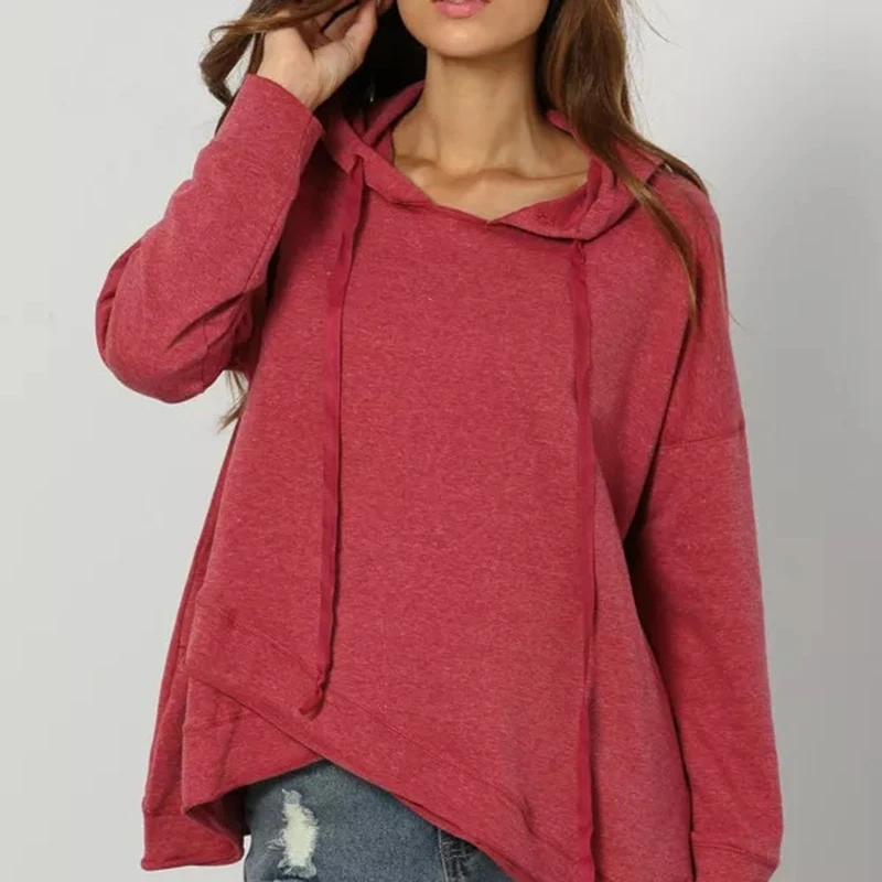 

Ladies Loose Long Sleeve Hooded Sweatshirt Womens Asymmetrical Hoodies 4 Color Autumn Casual Street Daily Solid Pullover