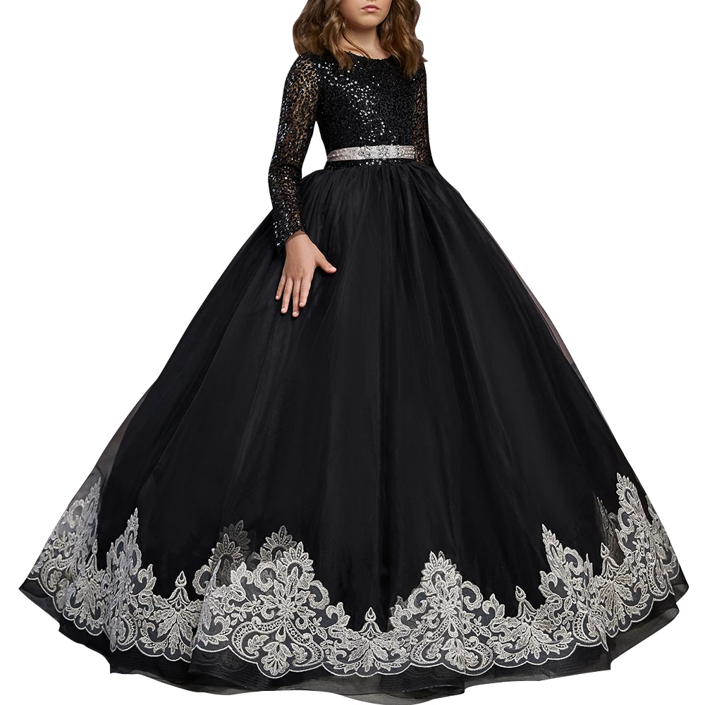 New Arrivals Elegant White Lace Appliques Beading Flower Girls Black