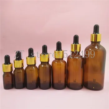 

2/10pcs 5/10/15/20/30/50/100ml Empty Amber Glass Essential Oil Dropper Bottles with Gold Aluminum Screw Dropping Pipette Cover
