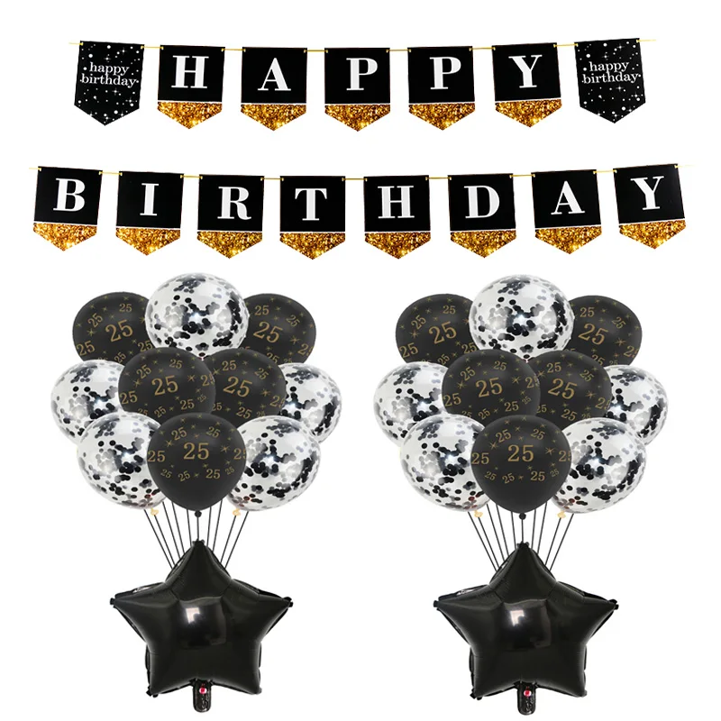 1Set Black 25 Золотой черный латексный шар баннер с цифрами С Днем Рождения флаг анниверсары 18 25 30 40 50 60 лет шарики в форме цифр Globos - Цвет: 1Set Black 25