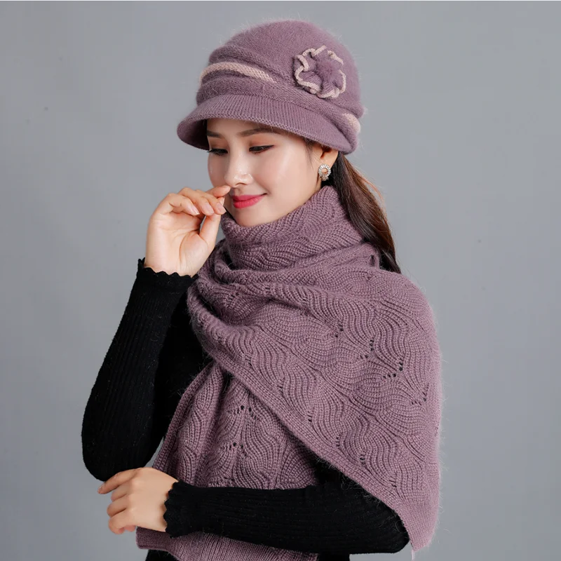 New Winter Women Rabbit Fur Hat Scarf Set Lady Warm Wool Knitted Plush Hat Scarf Crochet Sets Beanie Mother Caps Scarf Shawl Gif