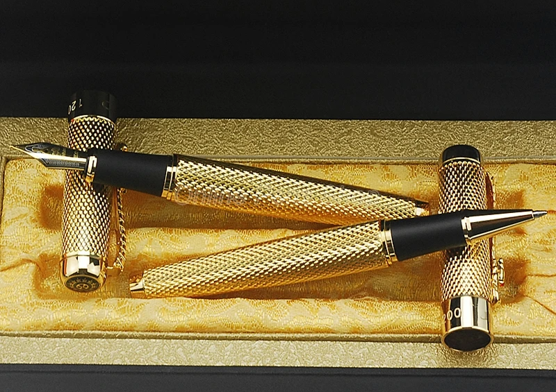 Jinhao 1200 Vintage Fountain Pen & Roller Ball Pen Exquisite Ripple With Dragon Clip, Golden Metal Carving W/Gift Box Set