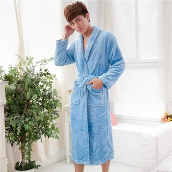

Men Winter Flannel Kimono Bathrobe Gown Thicken Long Sleepwear Nightgown Casual Soft Nightwear Blue Coral Fleece Home Clothes