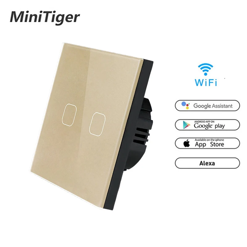 Minitiger wifi домашний умный переключатель приложение беспроводной дистанционный светильник сенсорный переключатель Хрустальная стеклянная панель работа с Alexa/Google Home - Цвет: WiFi Gold 2gang