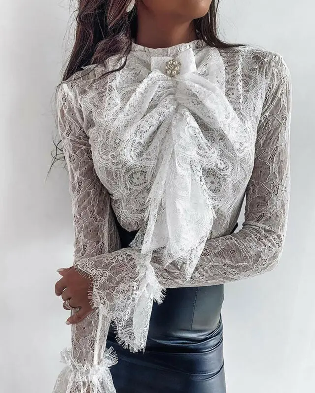 Brand New Gothic Women Lace Bowknot Blouse Office Ladies Elegant Ruffle Solid White Shirt Loose Female Blouse Women Clothing Brand New Gothic Women Lace Bowknot Blouse Office Ladies Elegant Ruffle Solid White Shirt Loose Female Blouse Women Clothing