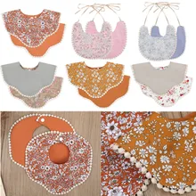 Bavoirs Double face en lin et coton pour bébé, imprimé Floral, imperméable, avec pompon, serviette de salive, en tissu pour enfants