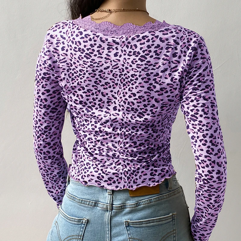 IAMSURE 2020 Autumn Fashion Leopard Print Lace Edge Women Cardigan Blouses Sexy Deep V-Neck Fitness Crop Top Shirt Streetwear