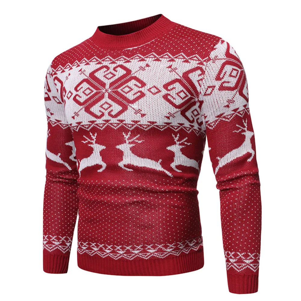 Cheap Men's Sweater Winter Pullover Snowflake Animal Print New Year Tops Red Christmas Deer Sweaters Men Blue Casual Knitted Jumper