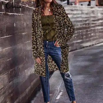 

2019 Celmia Women Sexy Leopard Coats Faux Fur Jackets Autumn Long Sleeve Soft Cardigan Open Front Top Long Kimono Ourtwear S-5XL