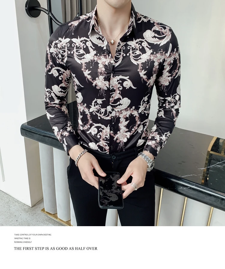 Новая модная повседневная мужская рубашка с длинными рукавами на весну и осень, мужская приталенная одежда с цветочным принтом в британском стиле