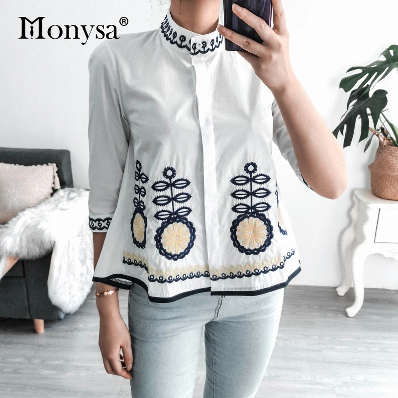 Embroidery Shirt Women Summer Autumn 2020 New Arrival Fashion 3/4 Sleeve Casual Blouses Ladies White Doll Shirt