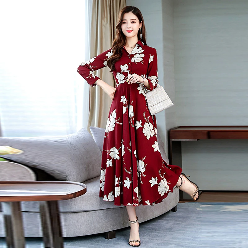Vestidos Vetement Femme осеннее женское шифоновое красное платье с длинным рукавом и цветочным принтом Roupa Feminina осенние платья для женщин