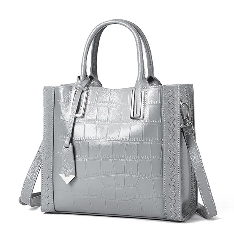 Женская Большая Сумка-тоут из натуральной кожи в стиле ретро с узором «крокодиловая кожа», женская сумка, женские классические сумки через плечо, сумка для покупок - Цвет: Серый