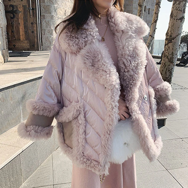 

Elegant Pink Fur Collar Winter Jacket Women 2019 woolen lambswool Thicken Parkas Warm Down Cotton Winter Coat Long Parka MY42