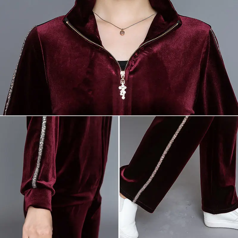 패션 엄마 벨벳 Tracksuit 여성 벨벳 운동복 2 조각 세트 봄 가을 캐주얼 지퍼 자켓과 바지 정장 4XL 블랙 네이비