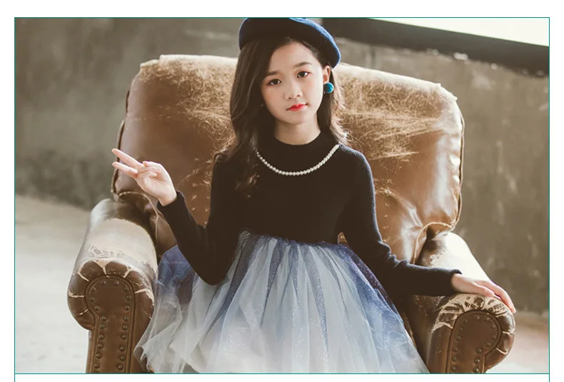 2019 Children's Knit Sweater Patchwork Dress Autumn Winter Knitted Baby Girls Dresses Teenage Kids Evening Dresses Long Sleeve (4)