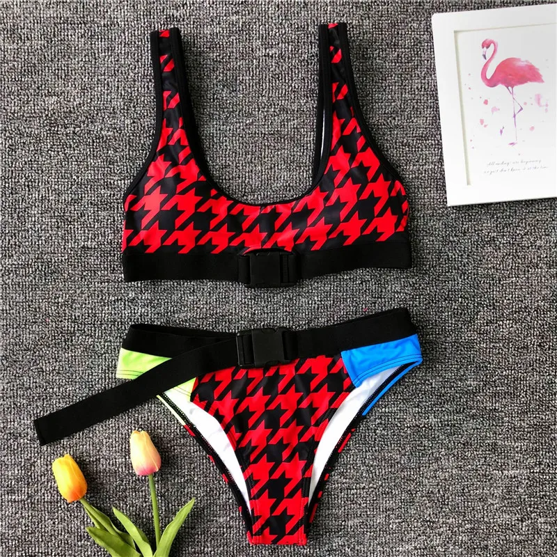 2020 Sexy Bikini Swimwear Female Belt Socket Printed Stitching Bathing Suit Push-up Geometric Pattern Swimsuit U-neck Bather New 2020 Sexy Bikini Swimwear Female Belt Socket Printed Stitching Bathing Suit Push-up Geometric Pattern Swimsuit U-neck Bather New