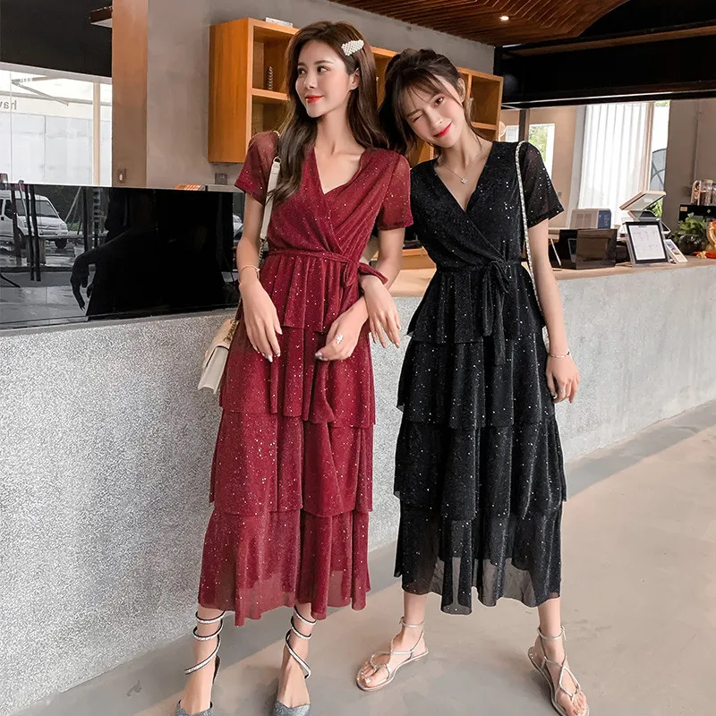 

2019 Summer New Style Korean-style Short Sleeve WOMEN'S Dress Sexy Formal Dress Black V-neck Dress Long Skirts Women's Cake Dres