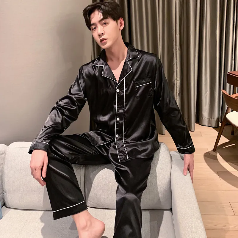 mens pjs Spring Autumn Men Satin Silk Pajamas Sets Of Long Sleeve Trousers Male Pyjamas New Sleepwear Leisure Home Clothing Pijama Hombre mens short pjs Pajama Sets