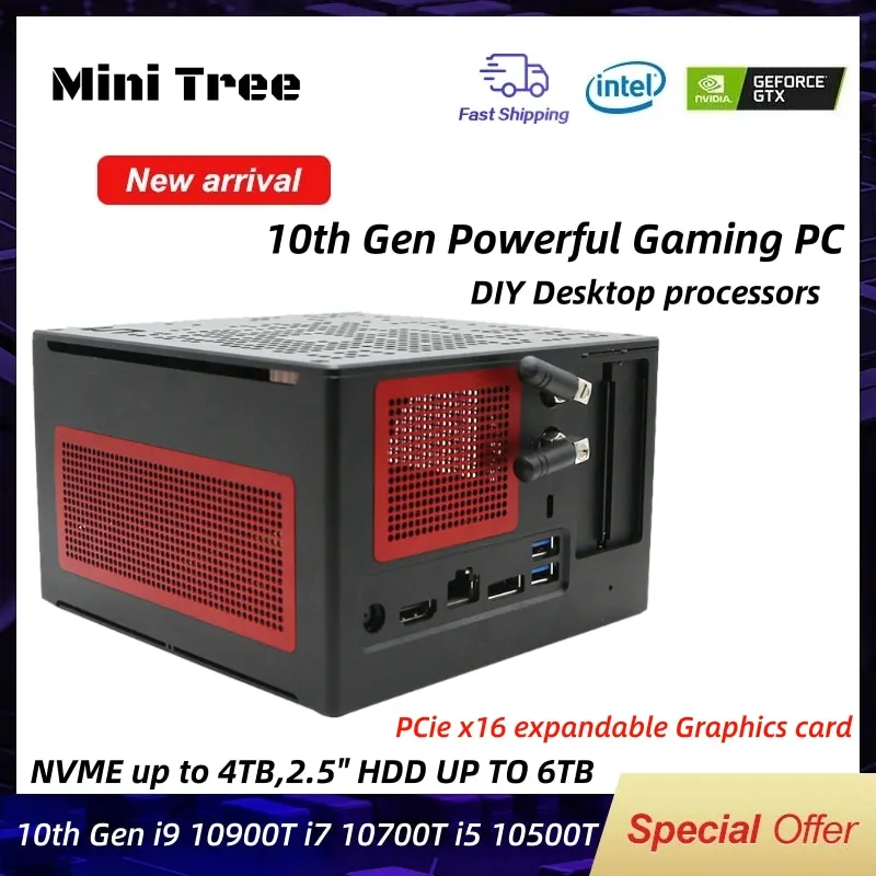 Newest 10TH Fan Gaming Computer Case Intel Core i9 10900T i7 10700T i5 10600T 10500T DIY Mini PC M.2 NVME SSD Win10 Pro AC WiFi |