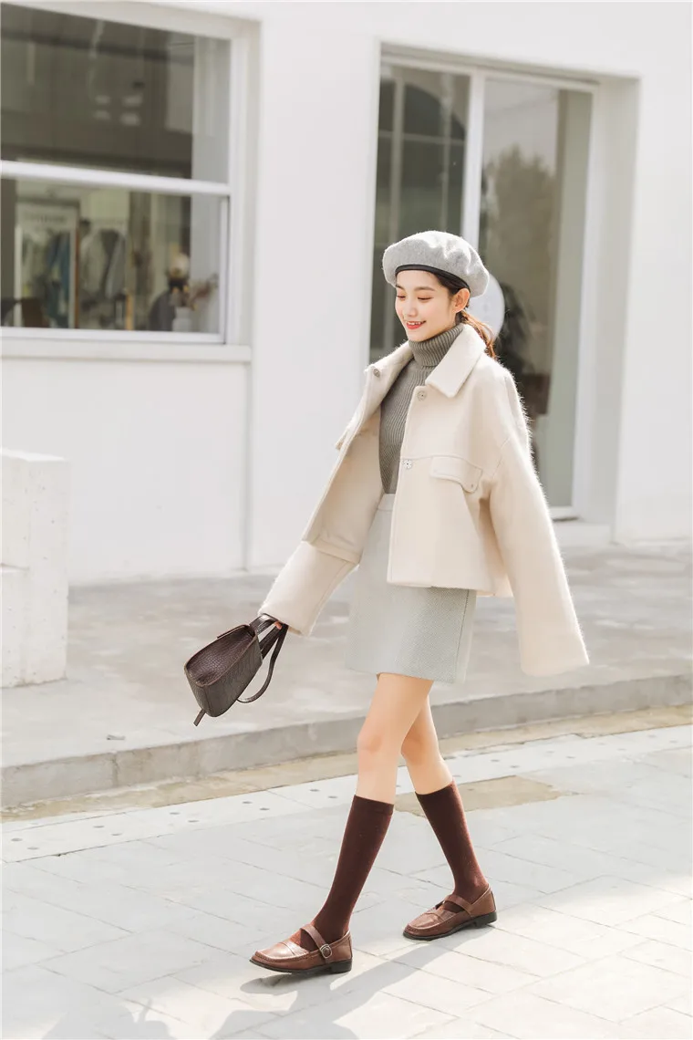 Ulzzang/839# зимняя новая стильная модная свободная короткая шерстяная куртка с отложным воротником