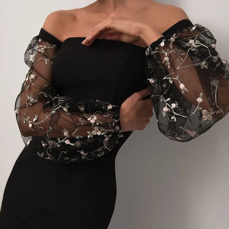 Ball Black Dress For Women Lace Translucent Sleeve See Through Patchwork Tunics Female Elegant Prom Party Formal Attire Ball Black Dress For Women Lace Translucent Sleeve See Through Patchwork Tunics Female Elegant Prom Party Formal Attire