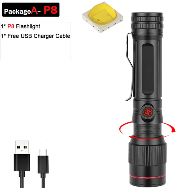 Package A Самый яркий Перезаряжаемый светодиодный светильник-вспышка XHP90 XHP70.2, супер мощный фонарь, водонепроницаемый охотничий светильник с зумом, аккумулятор 18650 26650 - Испускаемый цвет: Package A