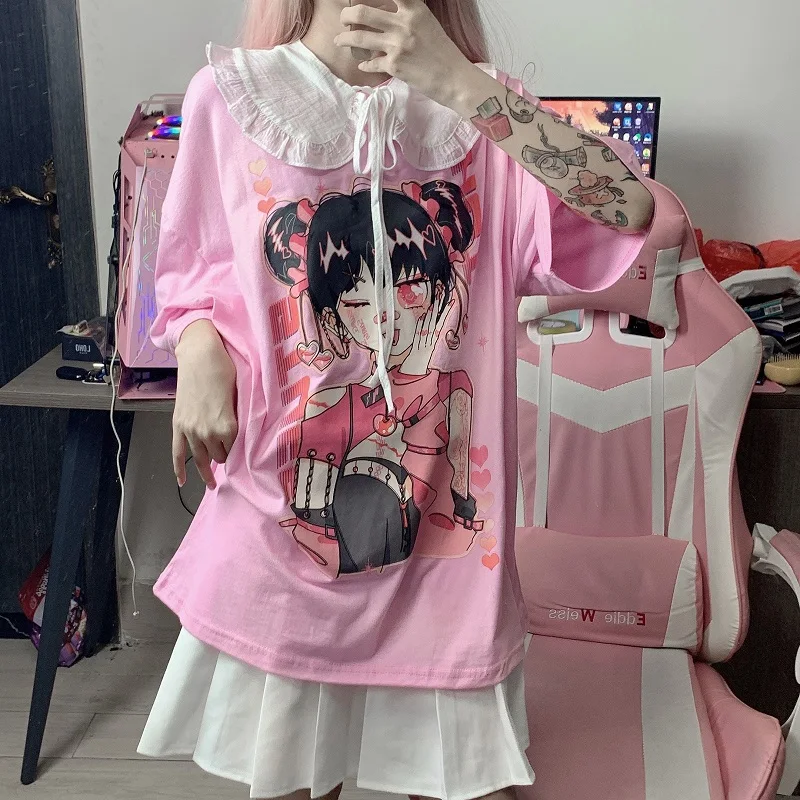 Desenho animado japonês anime fofo amor meninas impressão manga comprida  camiseta feminina outono falsa 2 peças retalhos pulôveres top - AliExpress