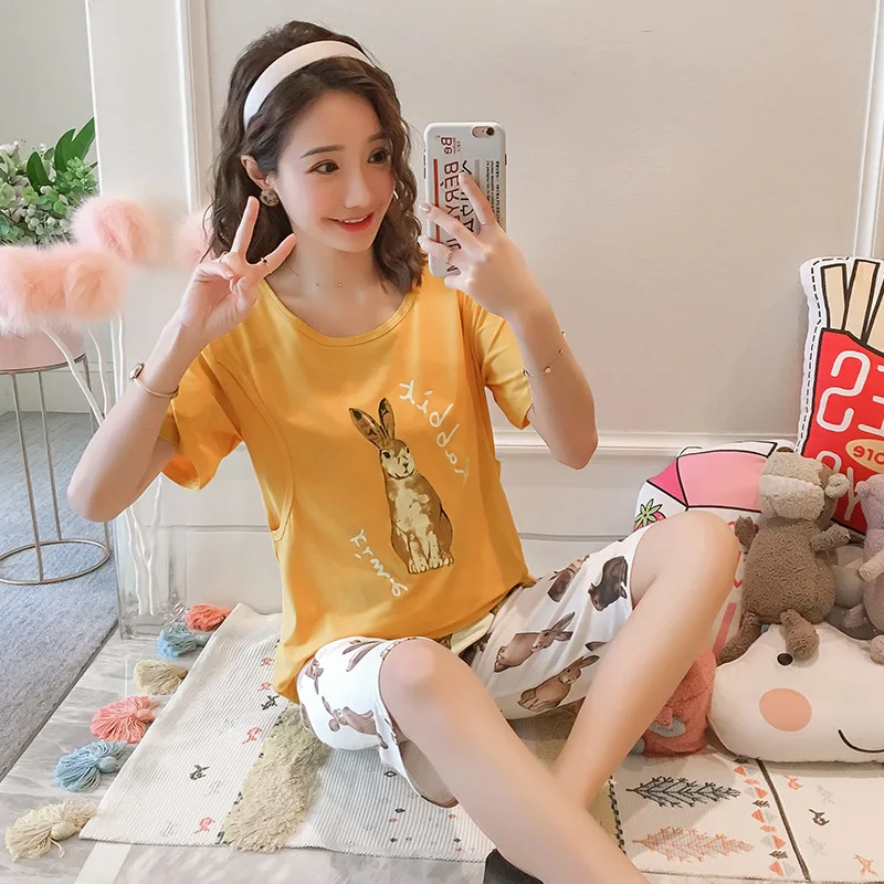 

Summer Japanese Style New Style Maternal Nursing Clothes Cartoon Rabbit Short Sleeve Qmilch Maternity Clothes Confinement Clothi