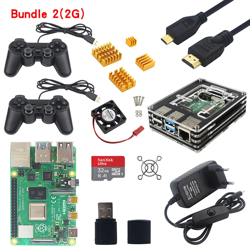 Комплект 2 Raspberry Pi 4 Модель B игровой комплект 2 ГБ/4 ГБ ОЗУ доска+ акриловый чехол+ игровой контроллер+ адаптер питания+ кабель Micro HDMI+ sd-карта - Комплект: Комплект 2