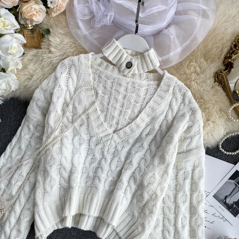 ALPHALMODA Модный женский свитер с воротником-хомутом, пуловер с вырезом в виде буквы V, СВОБОДНЫЙ Модный короткий Стильный свитер, джемпер, наряд