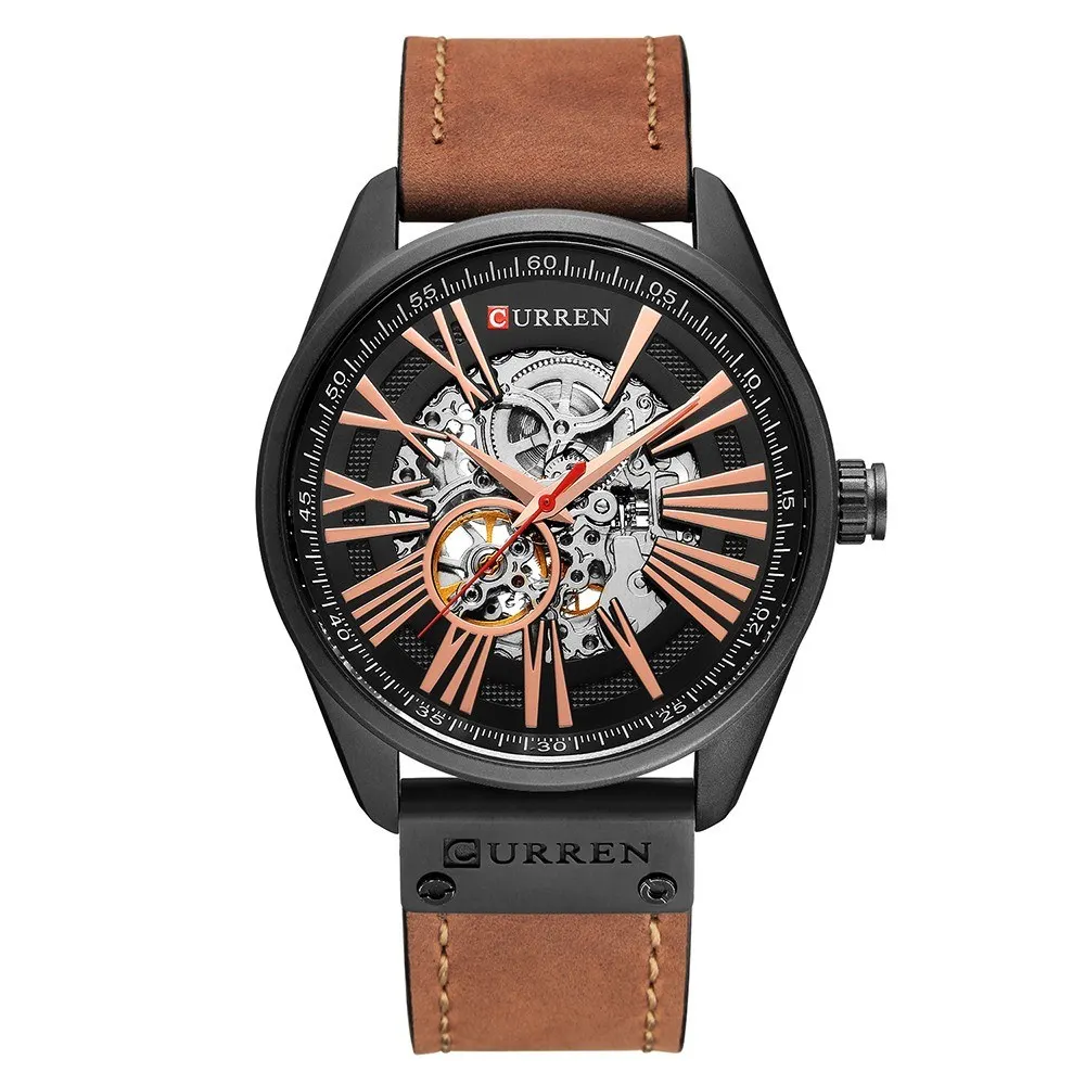 

CURREN Watch Men Skeleton Tourbillon Mechanical Watches Male Leather Automatic Self-wind Sports Clock Relogio Masculin