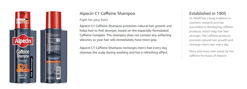 Alpecin C1 Caffeine Shampoo, 8.45 fl oz, Caffeine Shampoo Cleanses the Scalp to Promote Natural Hair Growth.Thicker and Stronger
