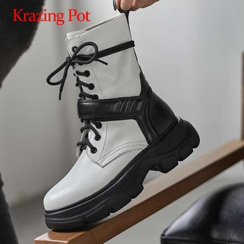 

Krazing pot big size motorcycle boots real leather classic colors round toe high square heel hook loop fashion ankle boots L8f6