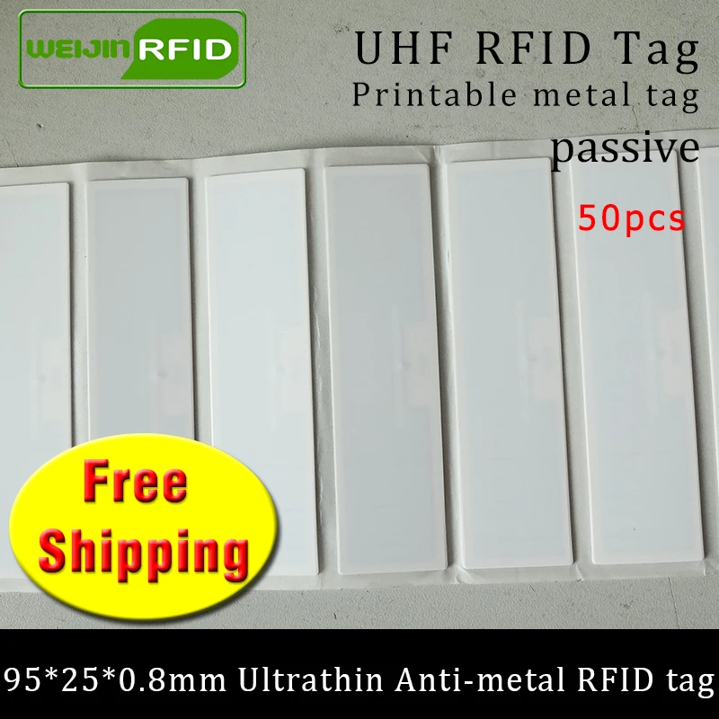 UHF RFID ультратонкие антиметаллические бирки 915 МГц 868 м 50 шт. это фиксированные средства 95*25*0,8 мм длинный диапазон ПЭТ пассивные RFID метки