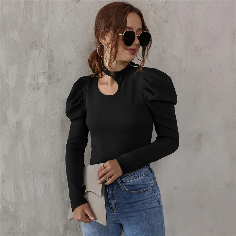 Women's Black Long-sleeved Hollow Round Neck Puff Sleeve T-shirt Casual Street Wear Slim Fashion Party Wear Office Lady Wear