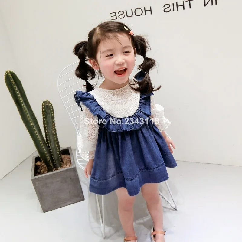 

2019 Fashion Lace Lacework Patchwork Denim Princess Dresses For Girls Cute Kids Spring All-match Dress